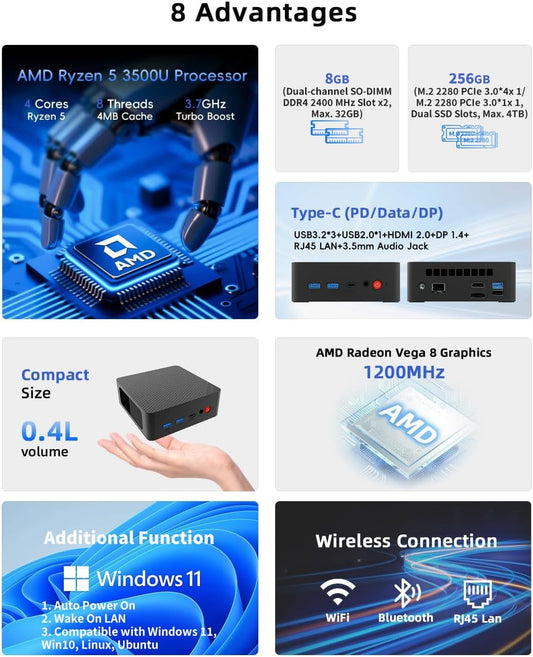 Mini PC, AMD Ryzen 5 3500U (Beats 4300U/N150/N100), 8GB RAM 256GB SSD Windows 11 Desktop Computers for Home Office Business Students, Triple 4K Display via USB-C, HDMI, DP, WiFi, BT
