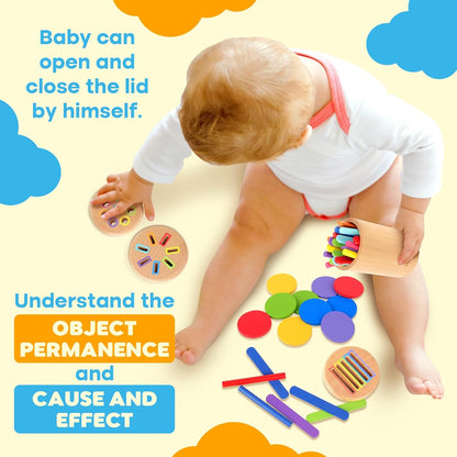 SMALL FISH 3-in-1 Montessori Wooden Toddler Toy, Fine Motor Skills & Color Sorting Learning Toy with Sticks, Popsicle Sticks & Discs, Ages 1–3