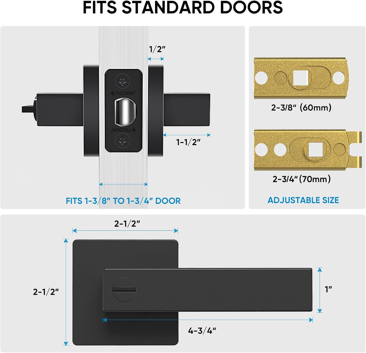 TICONN 5PK Matte Black Door Handles Interior, Reversible Square Door Levers Knob for Hallway, Bedroom, Bathroom (with Lock, 5PK Privacy)