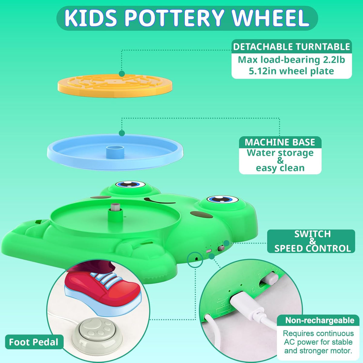 Aujazyble Pottery Wheel for Kids, Complete Pottery Painting Craft Kit with Air-Dry Clay, 12 Paint Colors & Sculpting Tools, Green, Arts & Crafts Toy for Ages 6+