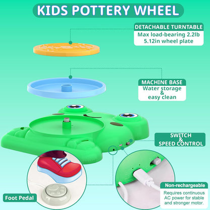 Aujazyble Pottery Wheel for Kids, Complete Pottery Painting Craft Kit with Air-Dry Clay, 12 Paint Colors & Sculpting Tools, Green, Arts & Crafts Toy for Ages 6+