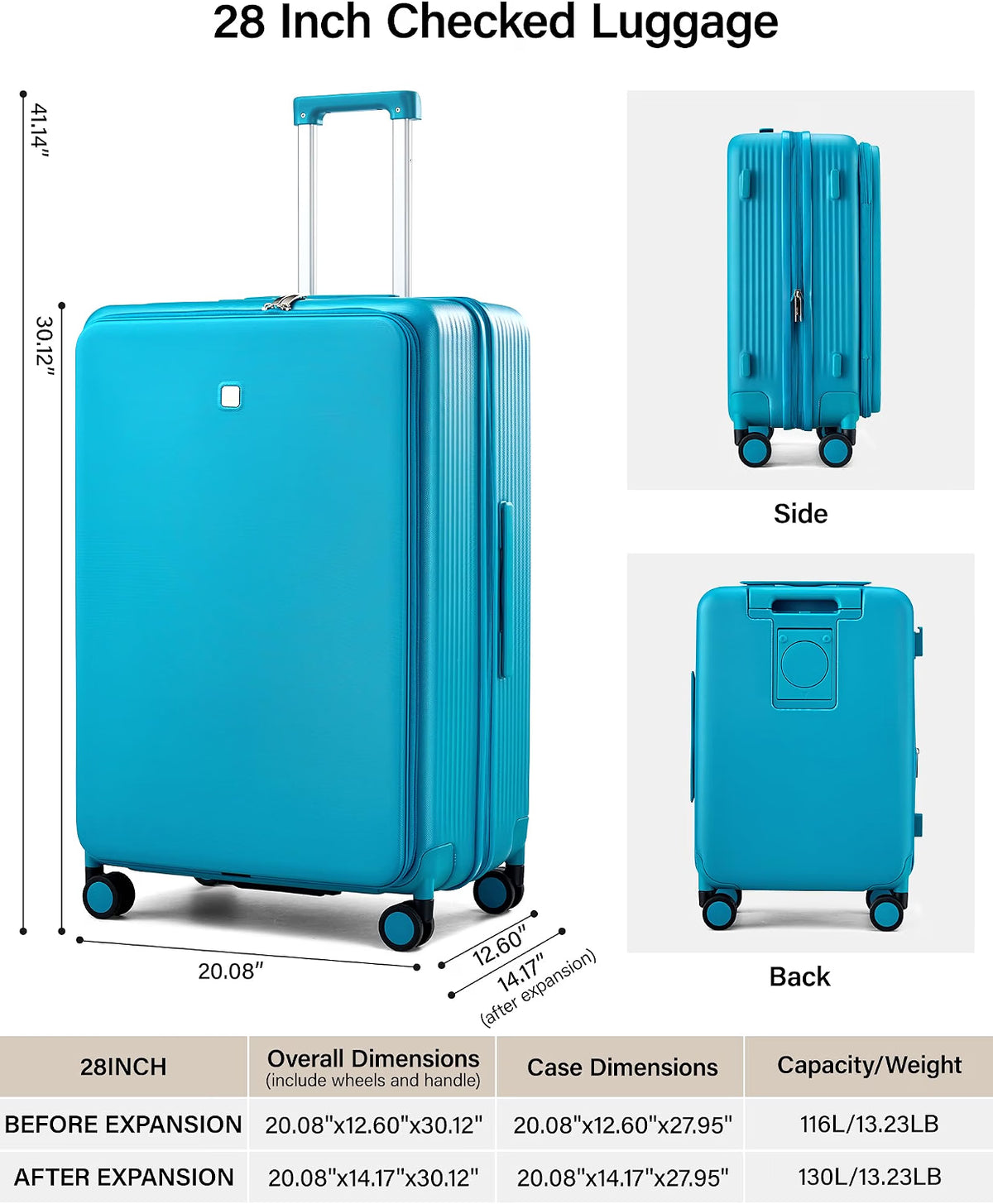 Hanke 28-Inch Expandable Luggage with Spinner Wheels, Top-Opening Hard Shell Suitcase with Cup Holder, TSA Lock, USB Port & 130L Capacity, Caribbean Blue