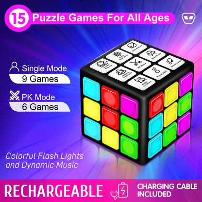 Xinbeiya Rechargeable Handheld Game Cube, 15 Brain & Memory Games with Score Display, Speed, Memory & Creativity Challenges, USB Rechargeable STEM Toy for Kids Ages 6–12+, Black