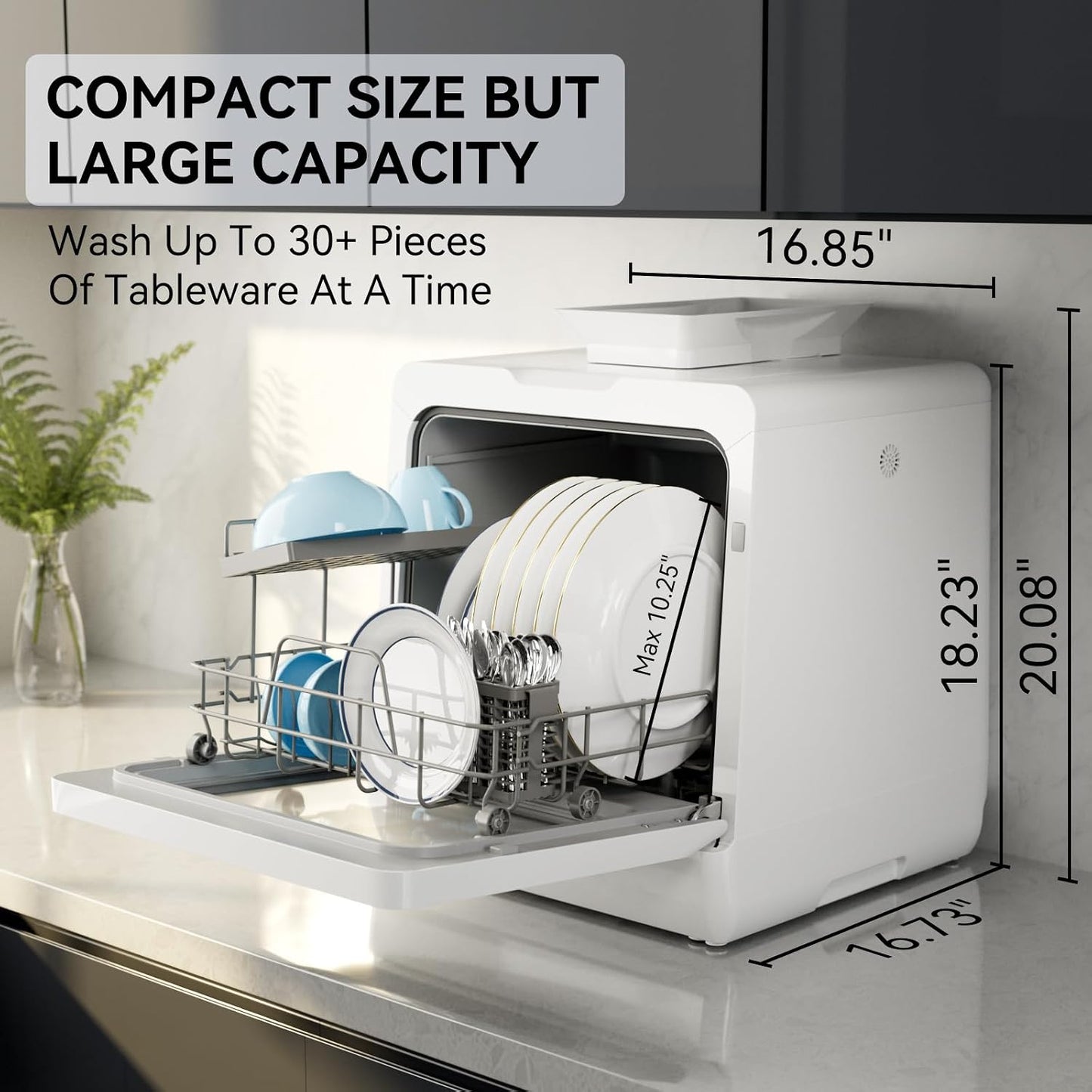 Hermitlux Countertop Dishwasher, 7 Washing Programs Portable Dishwasher Mini Dishwashers with 5-Liter Built-in Water Tank , Glass Door, LED Light, No Hookup Needed for RV & Apartment Use