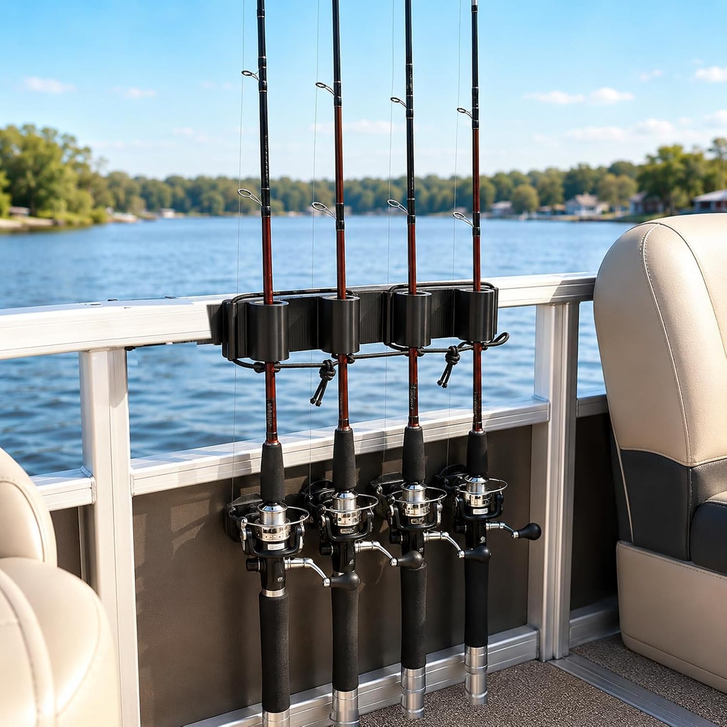 Pontoon Fishing Rod Holder for Square Rail, 4-Rod Vertical Storage Rack, No-Drill Adjustable Clamp-On Holder for Pontoon Boats, Docks & Marine Use, Black