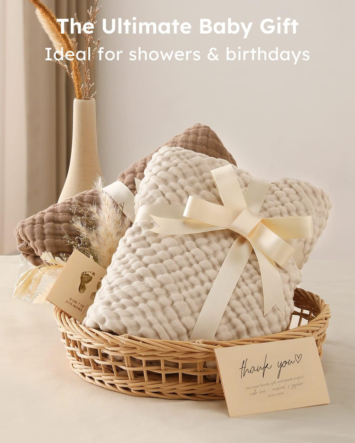 Yoofoss Hooded Baby Bath Towels, 2-Pack 100% Muslin Organic Cotton Baby Towels with Hood, 32 x 32 Inch, Soft & Absorbent, Beige & Coffee