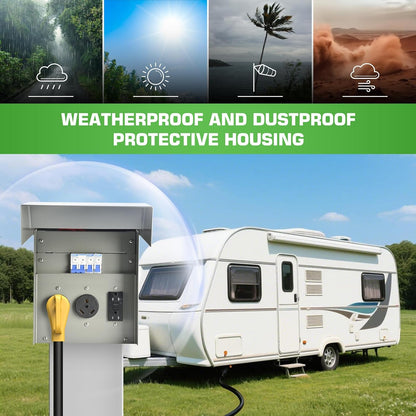RV Electrical Panel with Breaker, Temporary Power RV Outlet Box with 20 30 50 Amp Receptacle, Weatherproof RV Electrical Power Outlet Power for Hookup Camper Travel Trailer Motorhome