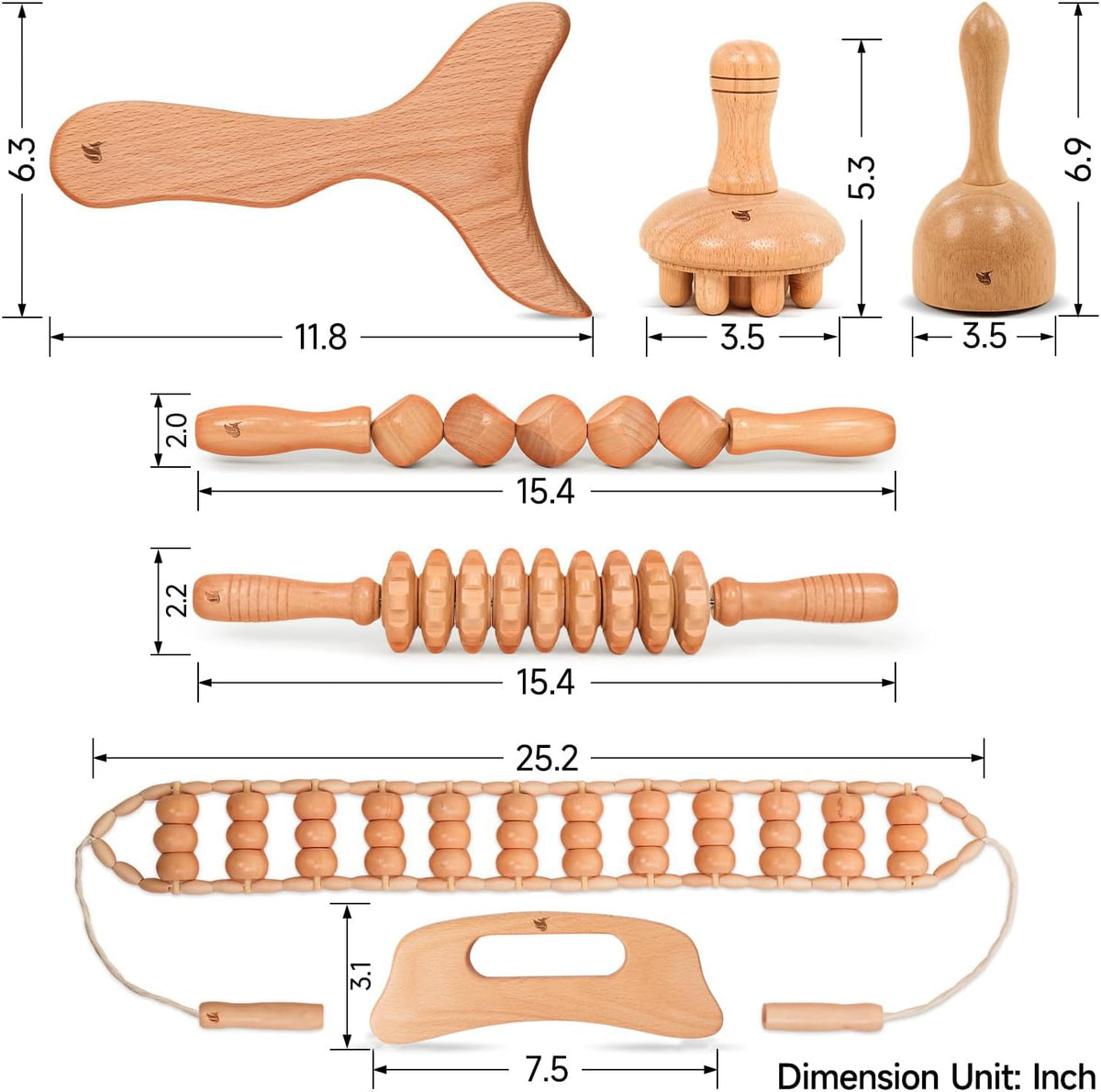 PYSEAN 7-Piece Wooden Massage Tool Kit, Manual Body Massager Set with Natural Wood Tools for Back, Legs, Arms & Shoulders