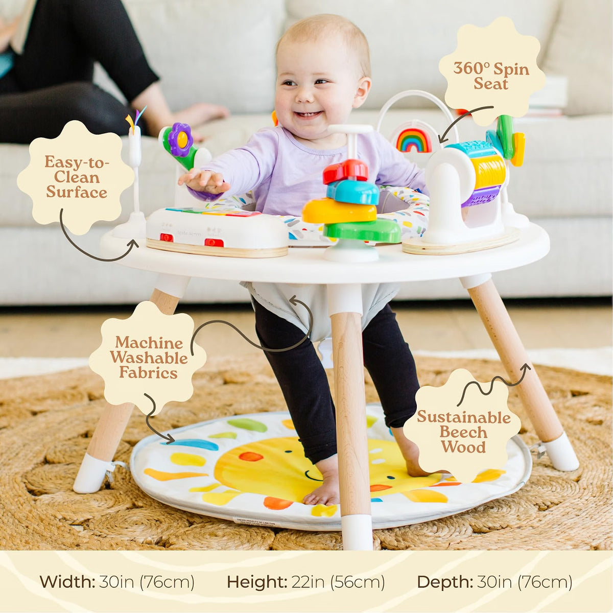 Little Acorn 4-in-1 Baby Activity Center, Montessori-Inspired Wooden Activity Center with 8 Interactive Toys, Tummy Time Mat, Activity Seat & Toddler Table, Sun
