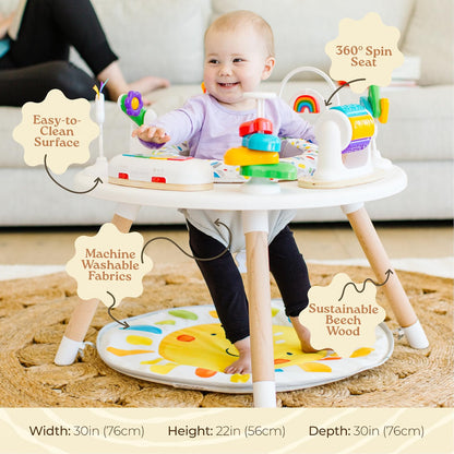 Little Acorn 4-in-1 Baby Activity Center, Montessori-Inspired Wooden Activity Center with 8 Interactive Toys, Tummy Time Mat, Activity Seat & Toddler Table, Sun