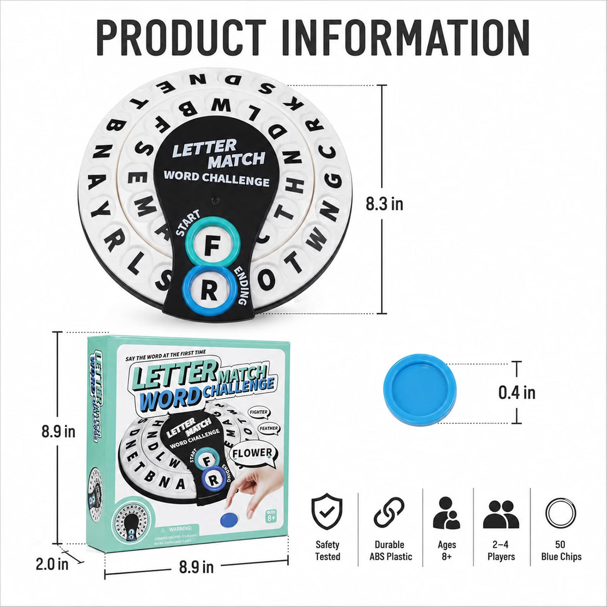 FunTotem Letter Match Word Challenge, Family Word Association Game for Kids & Adults, First Letter Last Letter Challenge with Dual Spinning Wheels, 2-8 Players, Ages 8+, Blue