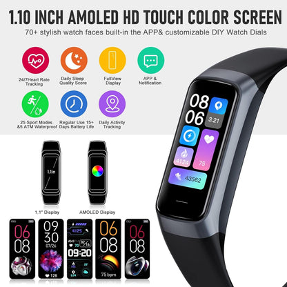 Fitness Tracker with 24/7 Heart Rate, Activity Trackers with Blood Pressure Sleep Monitor, 1.10" AMOLED Screen Step Tracker, Waterproof Step Counter, Health Smart Watch Pedometer for Women Men