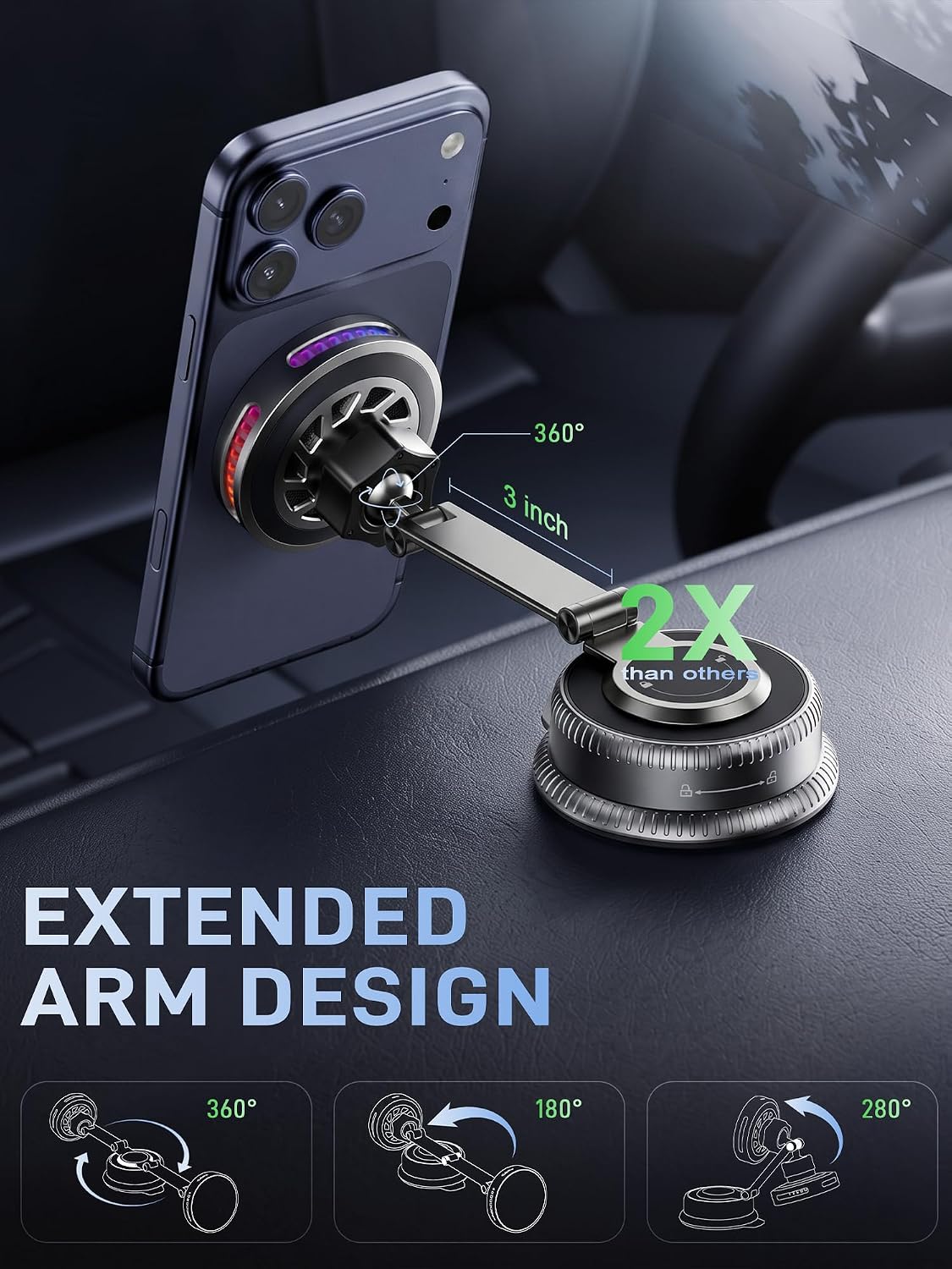 25W for Magsafe Car Mount Charger,Vacuum Wireless Car Charger Long Arm Magnetic Wireless Car Charger with 360° Rotating Phone Holder,Cooling Fan,Compatible with iPhone 18-12 Series
