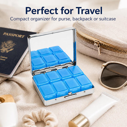 HyperionFlo Essentials Compact 8-Compartment Pill Box with Built-In Mirror, Metal Outer Case, Black Bird Design