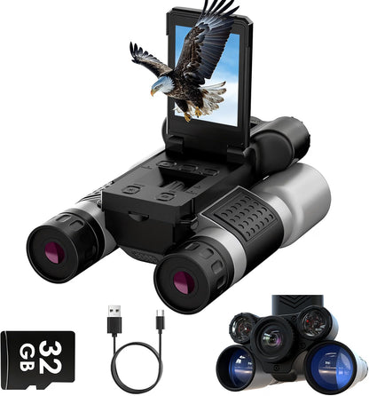 PGDLOF Night Vision Binoculars with Camera, 12x32 Digital Binoculars, 1080P Video, 7-Level IR Night Vision, BAK4 Prism, 32GB TF Card, Black
