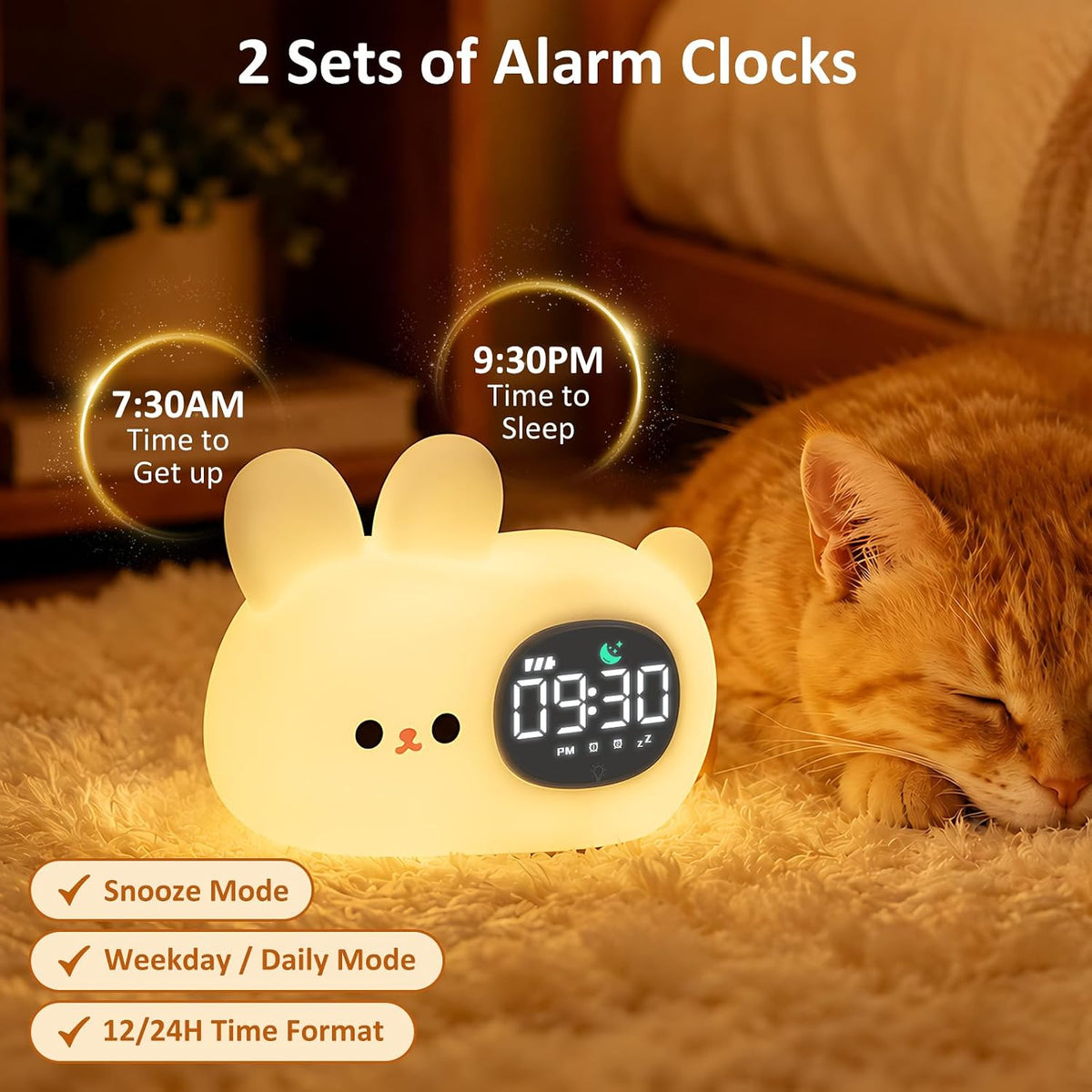 Aokpsrt Bunny Kids Alarm Clock with Night Light, OK to Wake Toddler Sleep Training Clock, Dual Alarm, White Noise, Multicolor Night Light, White