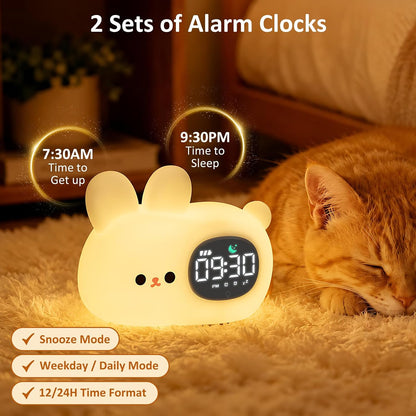 Aokpsrt Bunny Kids Alarm Clock with Night Light, OK to Wake Toddler Sleep Training Clock, Dual Alarm, White Noise, Multicolor Night Light, White