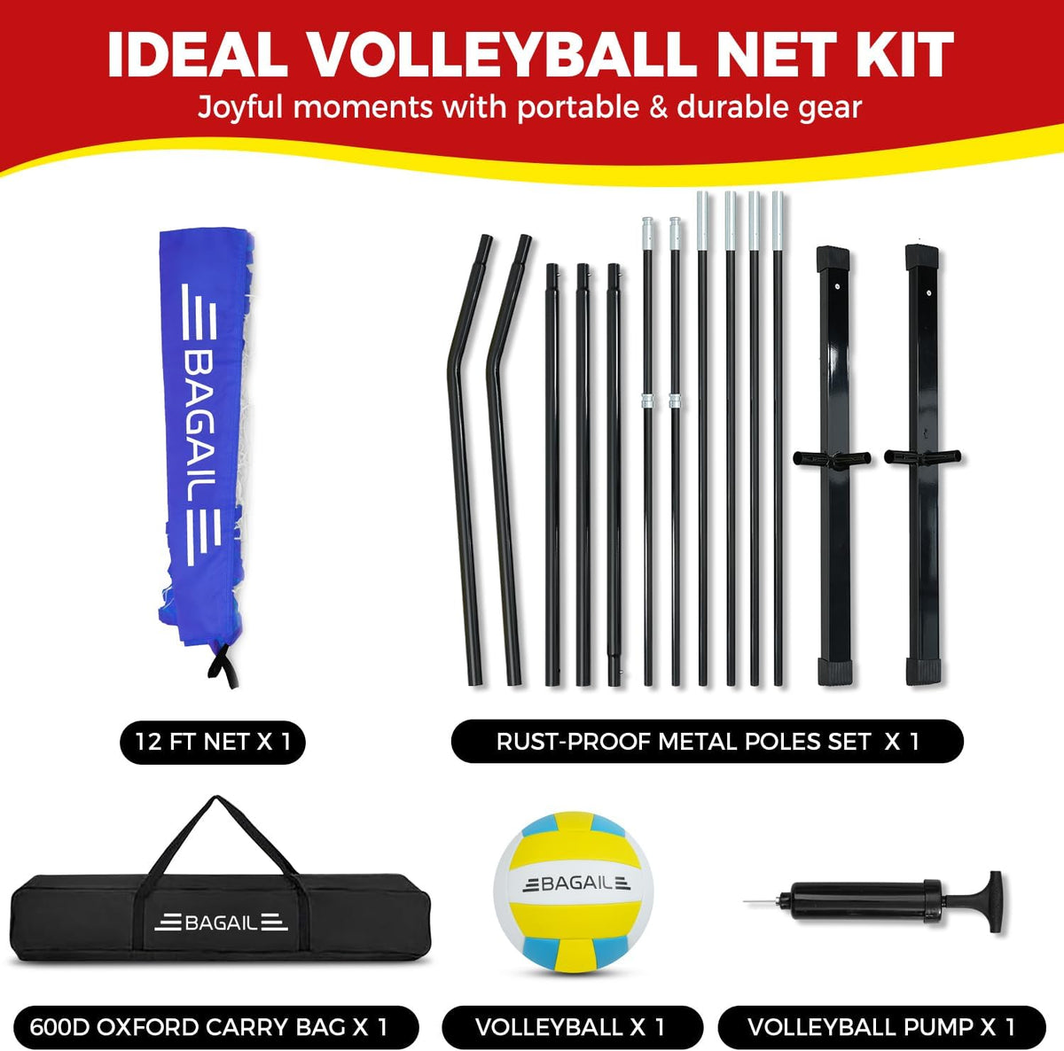 BAGAIL 12FT Portable Volleyball Net Set, Adjustable Height Freestanding Volleyball Net with Heavy-Duty Frame, Carry Bag, Ball & Pump
