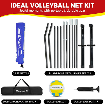 BAGAIL 12FT Portable Volleyball Net Set, Adjustable Height Freestanding Volleyball Net with Heavy-Duty Frame, Carry Bag, Ball & Pump