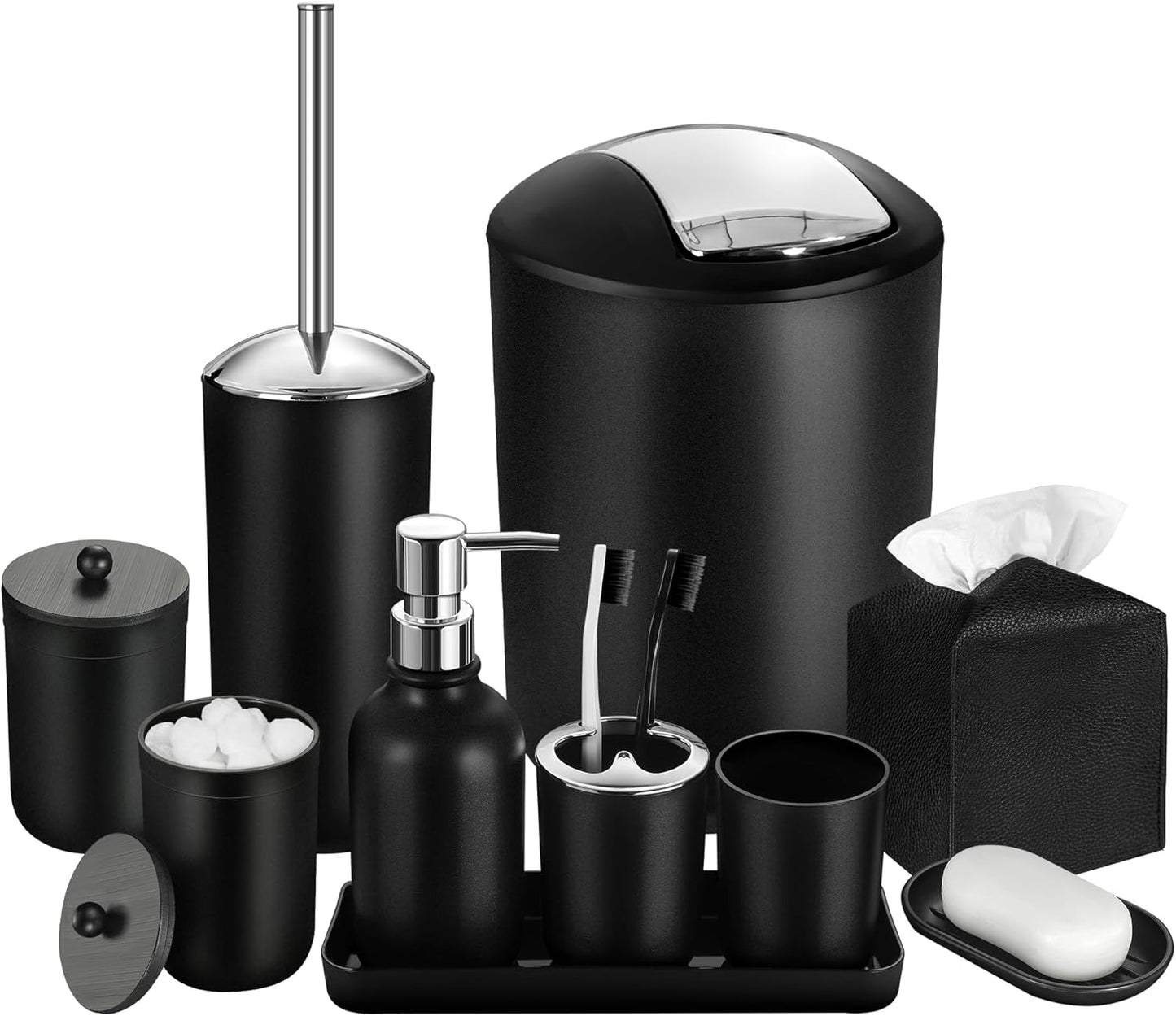 Black Bathroom Accessories Set, 10Pcs Bathroom Accessory Set with Trash Can, Soap Dispenser and Toothbrush Holder, Soap Dish, Cotton Ball & Qtip Holder, Toilet Brush Holder, Tissue Box Cover