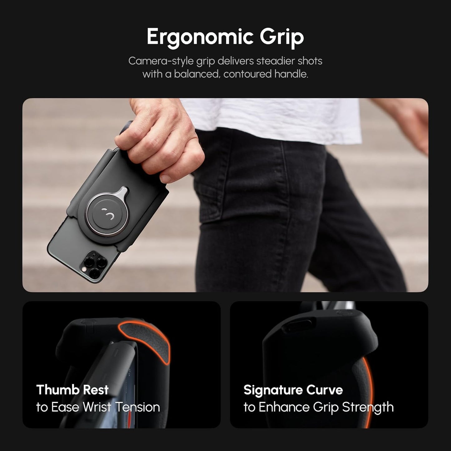 ShiftCam ProGrip Mobile Battery Grip for Smartphones, Qi Charging DSLR-Style Ergonomic Grip, Wireless Shutter, 15W Qi Charging, Rotating Phone Mount, Cold Shoe & 1/4" Tripod Mount