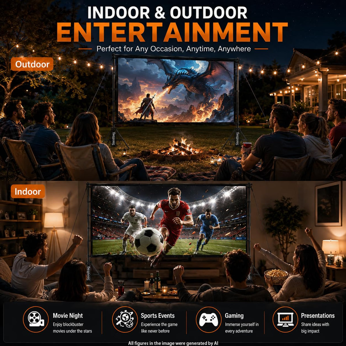 TOWOND 120-Inch Outdoor Projector Screen with Stand, 16:9 Portable HD Foldable Movie Screen, 4K/1080P Front & Rear Projection Screen with Carry Bag, Wind Anchor Kit