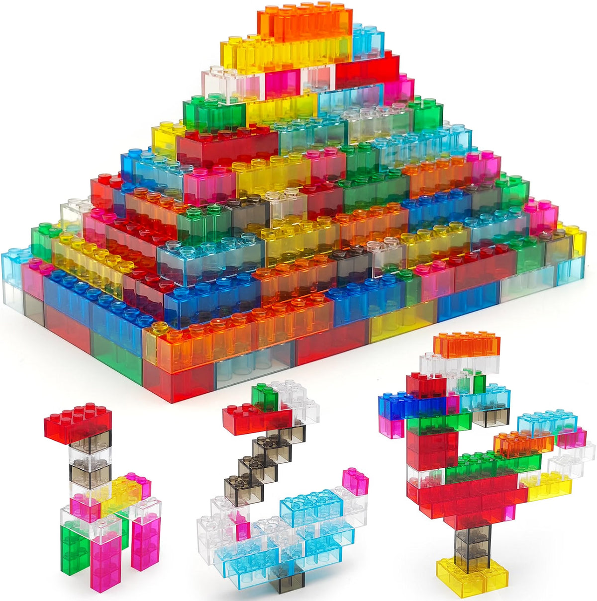 CONVENTEJOY 400-Piece Translucent Building Bricks, 9-Color Crystal-Clear Classic Building Block Set, Compatible Construction Toy for Kids Ages 6+, Educational STEM Toy