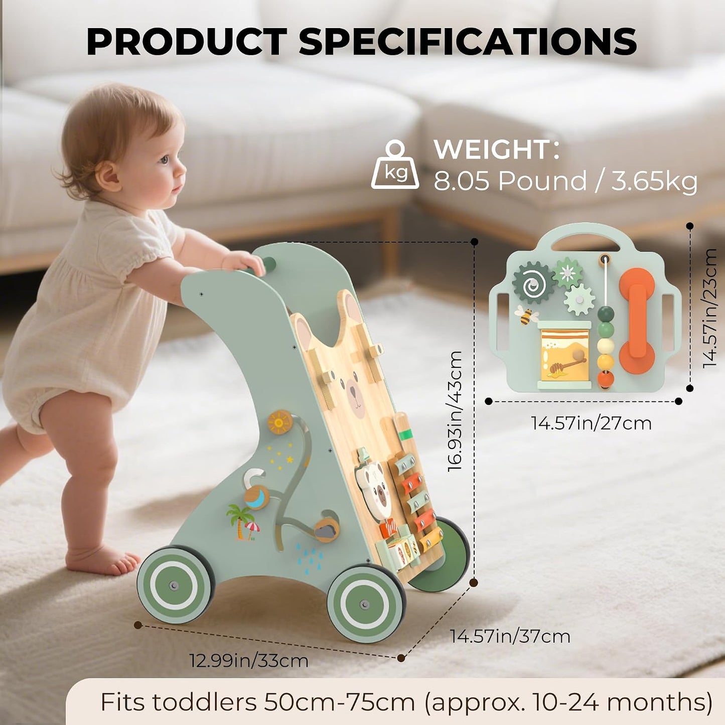 WOODMAM Push Baby Walker, Wooden Sit-to-Stand Learning Toy for 12M+ 10-in-1 Montessori Activity Center, Early Educational Push Toy, Detachable Busy Board, Adjustable Speed, Adorable Bear Design