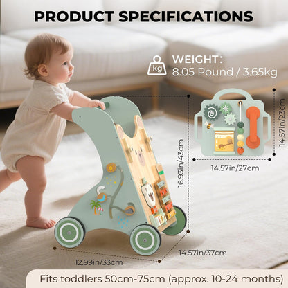 WOODMAM Push Baby Walker, Wooden Sit-to-Stand Learning Toy for 12M+ 10-in-1 Montessori Activity Center, Early Educational Push Toy, Detachable Busy Board, Adjustable Speed, Adorable Bear Design
