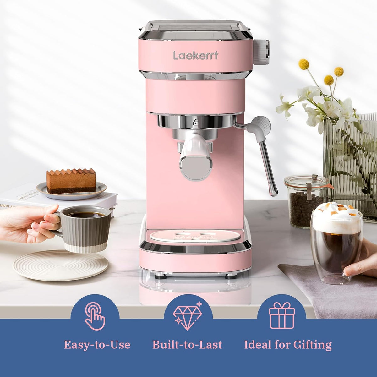 Laekerrt Professional Espresso Machine 20 Bar, Espresso Maker with Milk Frother Steam Wand, Stainless Steel Home Coffee Machines for Cappuccino and Latte, Gift for Women Wife Daughter or Mom, Pink