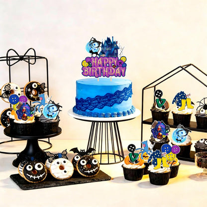 tetcuican 40-Piece Horror Birthday Party Decorations, Blue & Purple Gothic Theme Set with Banner, Balloons, Backdrop, Hanging Swirls, Cake & Cupcake Toppers
