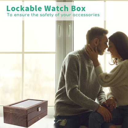 TomCare 2-Tier Watch Box, Large Watch & Jewelry Organizer with Glass Lid, Lockable Display Case with 8 Watch Slots, Glasses & Jewelry Compartments, Brown