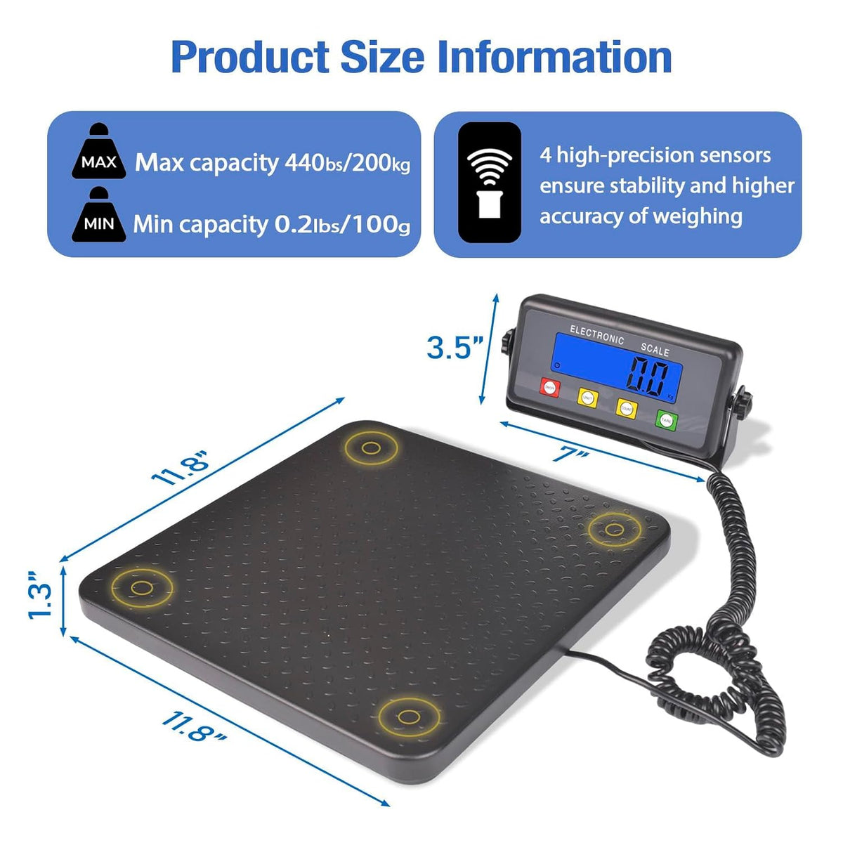 Surmountway Industrial Shipping Scale 440lbs, Anti-Slip Aluminium Platform 11.8"X11.8", Tare/Count/Auto-Off, Easy Read LCD Display, 3 Units, Portable Digital Postal Scale for Packages Luggages