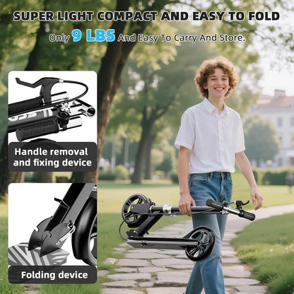 GRENYX Kick Scooter for Kids 8-12, Teens & Adults, Foldable 8-Inch Big Wheel Scooter with Hand & Foot Brakes, Bell, Adjustable Handlebar, 240-LB Capacity, Black