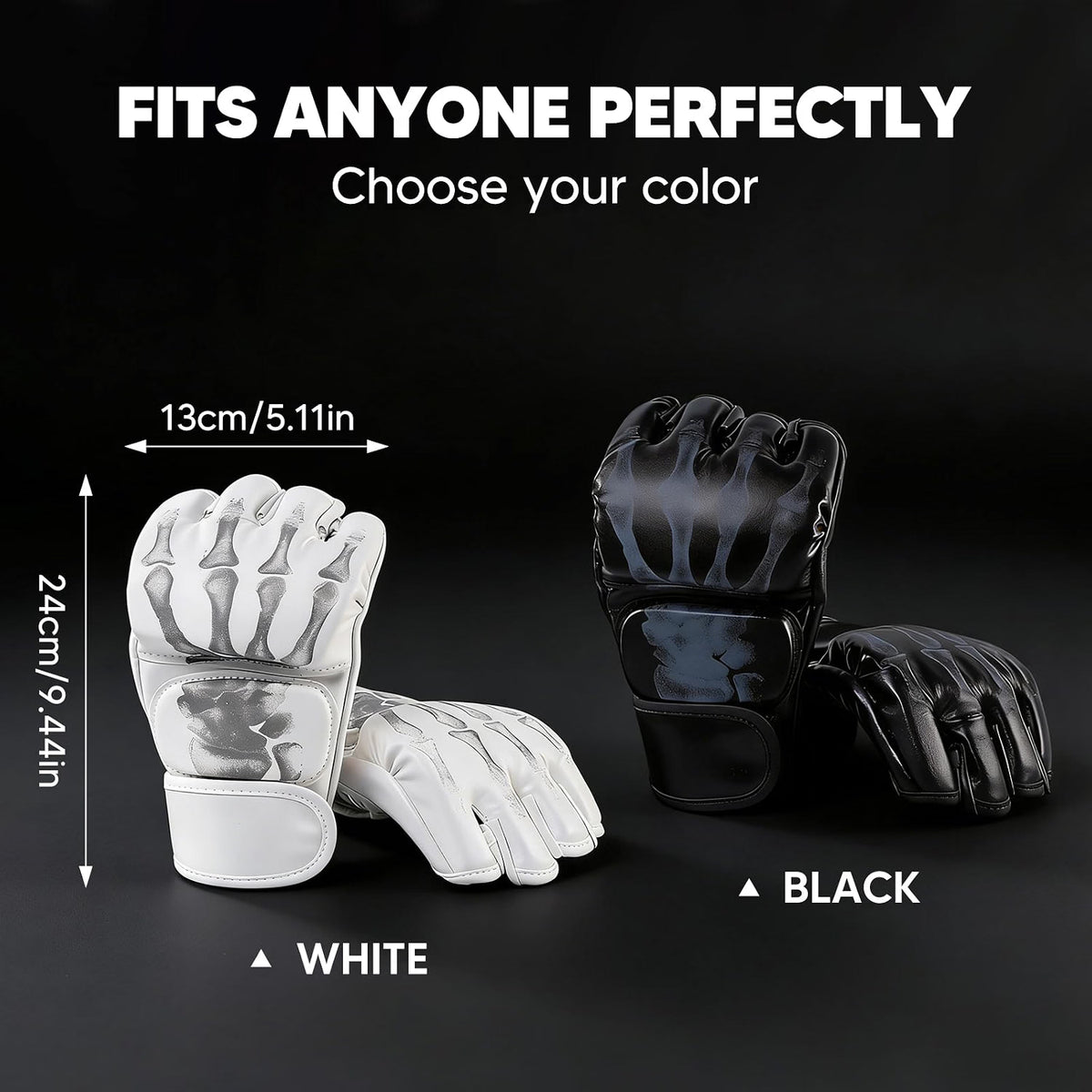 HyperionFlo Essentials 2-Pair MMA Gloves, Open-Finger Sparring & Training Gloves with Adjustable Hook-and-Loop Wrist Straps, Black & White, Large