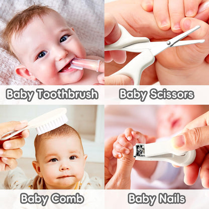 WXA 14-in-1 Baby Grooming Kit for Newborns, Infant Safety Care Set with Hair Brush, Comb, Nail Care Tools, Nasal Aspirator, Medicine Dropper & Portable EVA Case, Gray & White