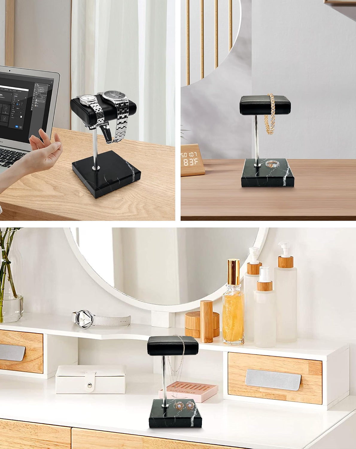 Magemata Single Watch Stand for Men & Women, Black Marble Watch Display Holder with Leather Cushioned Pad, Jewelry & Bracelet Organizer, Elegant Watch Display Stand