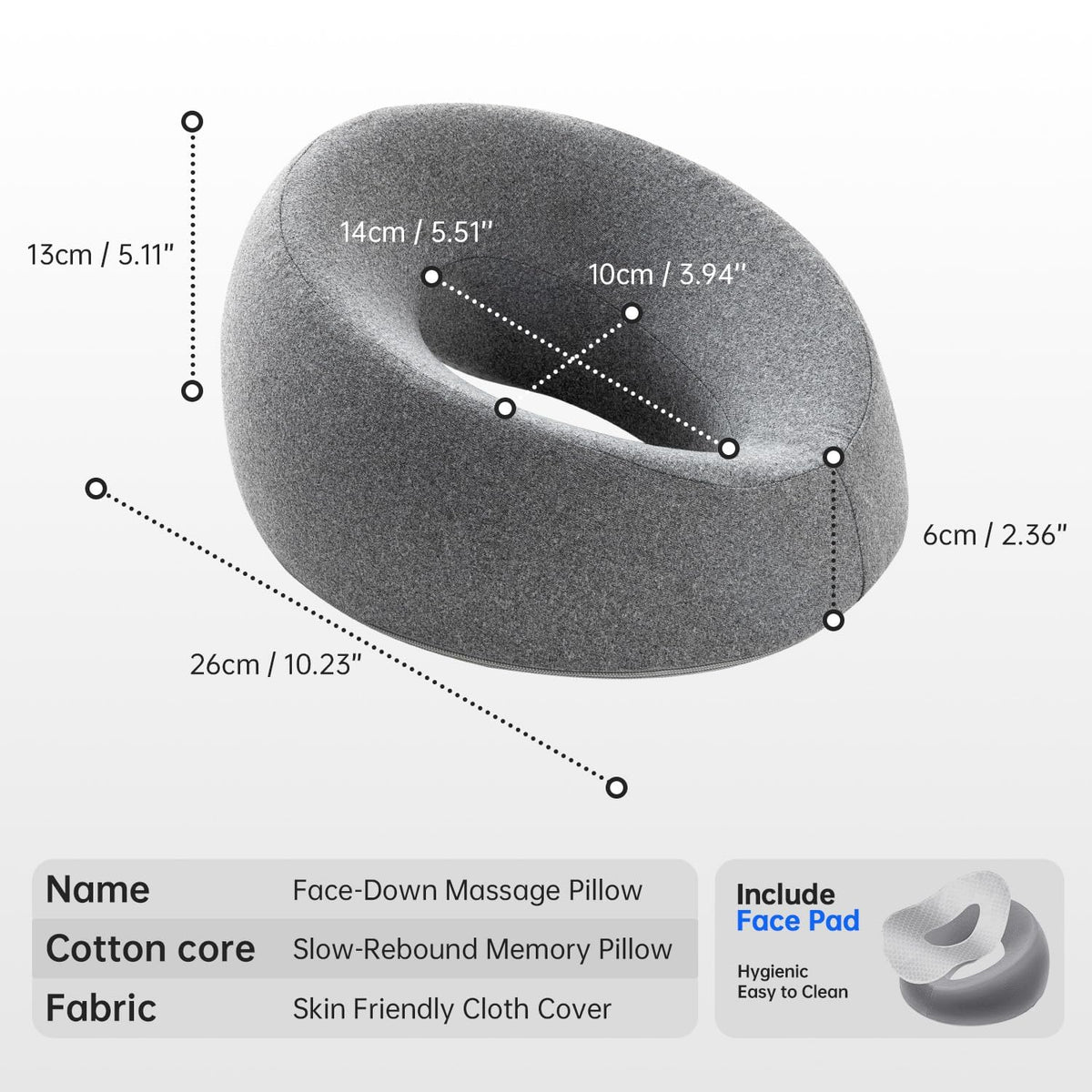 xiaomubiao Face Down Pillow for Massage Table, Memory Foam Face Cradle for Bed & Stomach Sleeping, Breathable Prone Rest Pillow with Removable Washable Cover, Gray