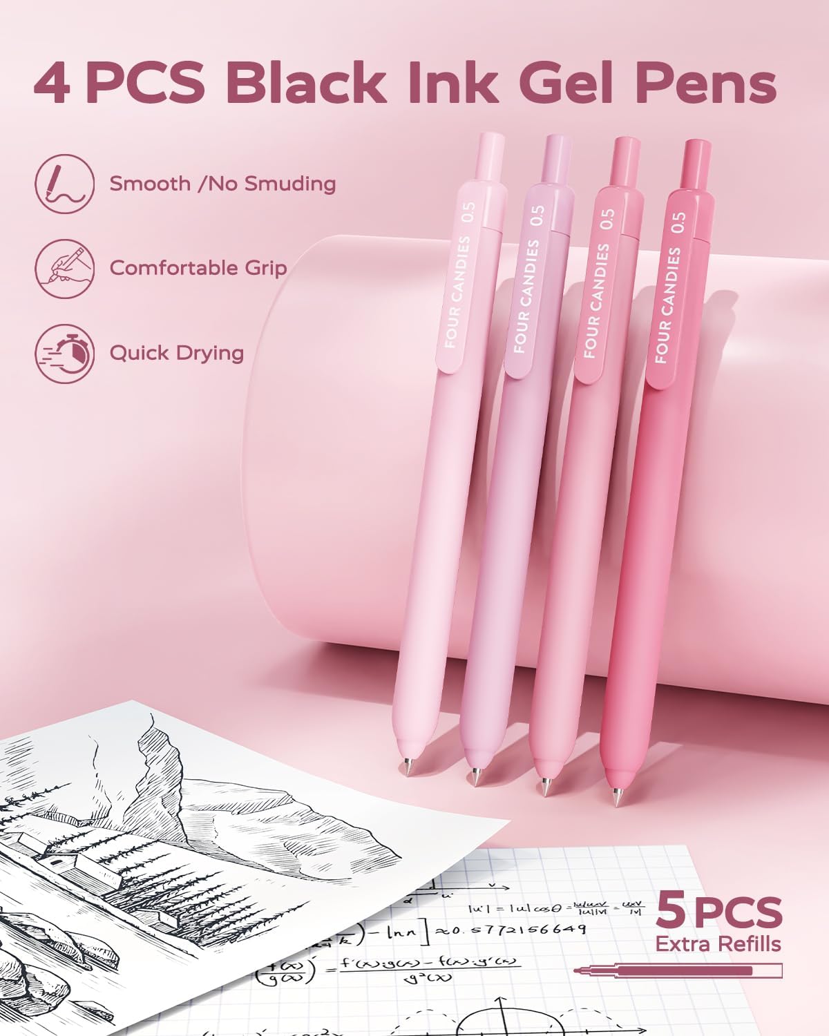 Four Candies Cute Aesthetic Pink School Supplies Kit for Girls