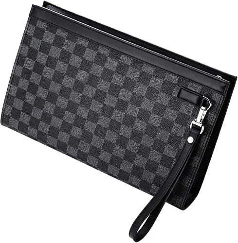 HyperionFlo Essentials Men's Vintage Plaid Leather Clutch Bag, Business Casual Handheld Purse, Zipper Wrist Wallet, Gentleman Travel Hand Bag