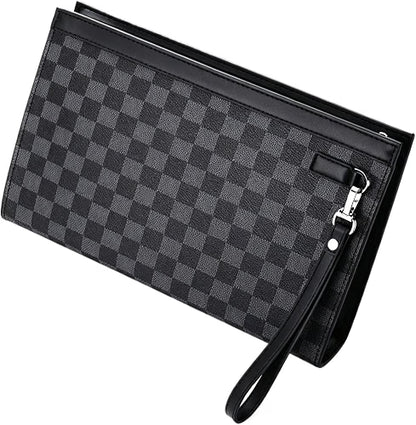 HyperionFlo Essentials Men's Vintage Plaid Leather Clutch Bag, Business Casual Handheld Purse, Zipper Wrist Wallet, Gentleman Travel Hand Bag