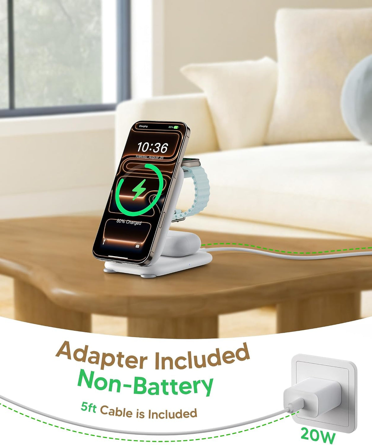 Mukiya PaktVault Traveling Fast Wireless Charging Station for iPhone Duo Magnetic 3 in 1 Phone Charger Stand for MagSafe-enabled iPhone 18-12 Series, Apple Watch&Air pods Pro(Non-Battery),WH