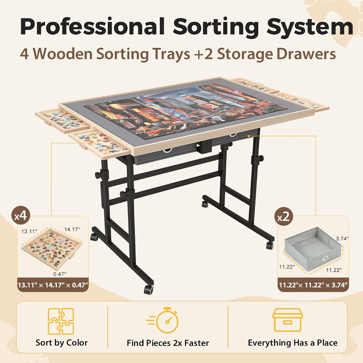 BuilderButler Puzzle Table for 2000 Pieces, 40.16" x 28.5" Adjustable Height & 45° Tilting Jigsaw Board with Wheels, 4 Wooden & 2 Fabric Drawers, Protective Cover