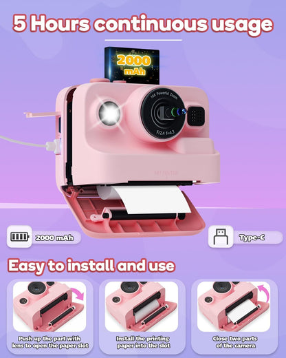Dylanto Kids Instant Print Camera BLL2, 1080P Digital Camera with Thermal Printer, 2.4" Screen, 16X Digital Zoom, 32GB Memory Card, 3 Paper Rolls, Pink