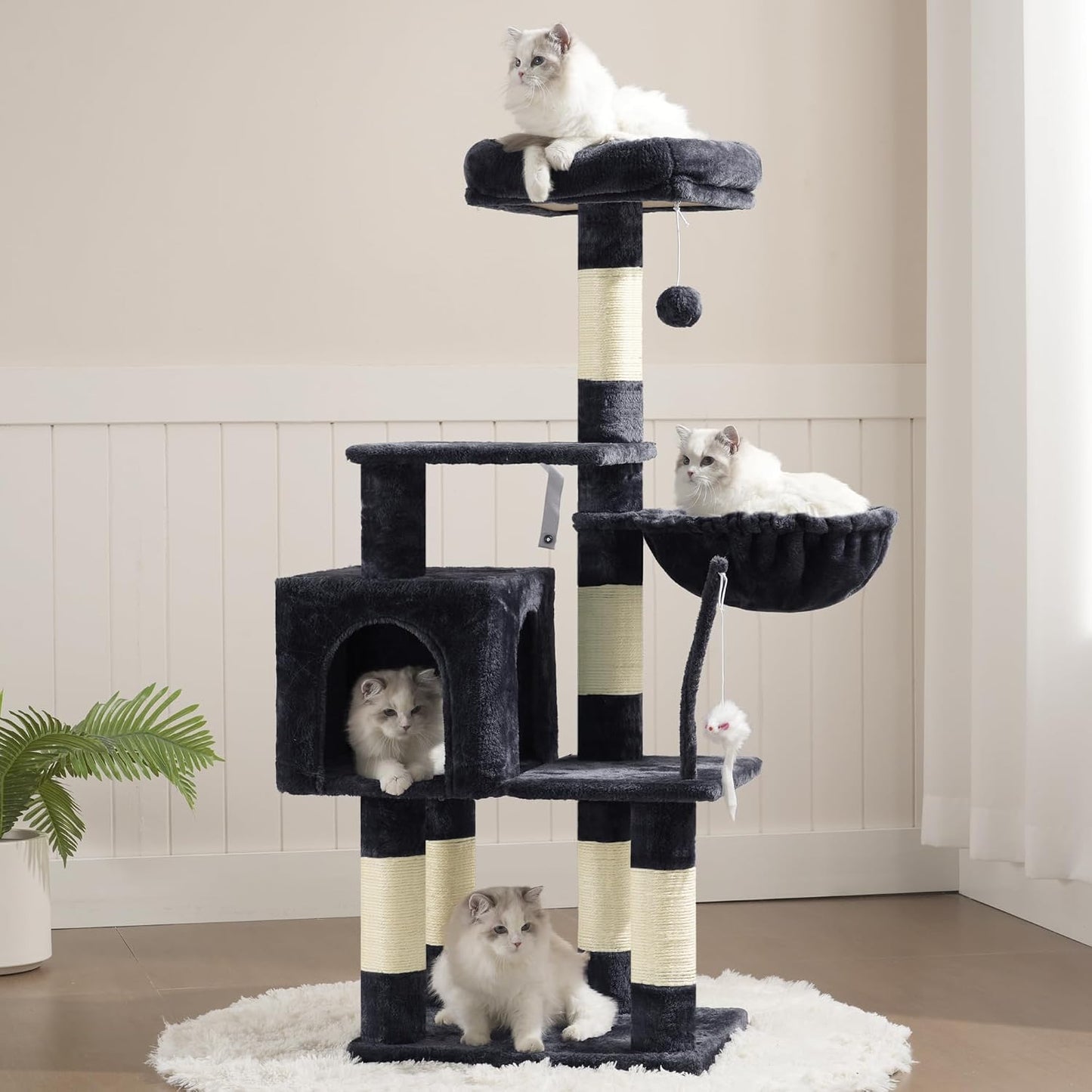Heybly Cat Tree, 43.3-Inch Cat Tower for Indoor Cats, 4-Level Cat Condo with Basket, Top Perch, Scratching Posts & Toys, Smoky Gray
