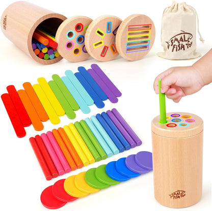SMALL FISH 3-in-1 Montessori Wooden Toddler Toy, Fine Motor Skills & Color Sorting Learning Toy with Sticks, Popsicle Sticks & Discs, Ages 1–3
