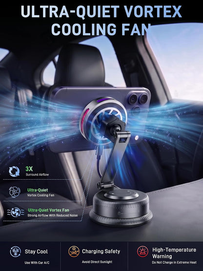 25W for Magsafe Car Mount Charger,Vacuum Wireless Car Charger Long Arm Magnetic Wireless Car Charger with 360° Rotating Phone Holder,Cooling Fan,Compatible with iPhone 18-12 Series