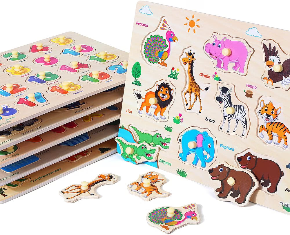GRINNNIE Wooden Peg Puzzle Set for Toddlers, 6-Pack Montessori Learning Puzzles for Ages 3-5, Alphabet Number Shape Animal Dinosaur & Vehicle Educational Wooden Peg Puzzles