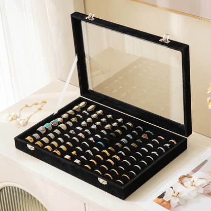 Frebeauty 100-Slot Ring Organizer Tray, Velvet Jewelry Display Box with Clear Lid, Hinged Ring Storage Case for Rings, Earrings & Studs, Black