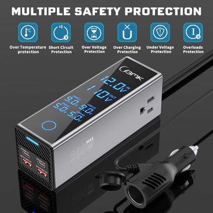 300W Car Power Inverter 12V DC to 110V AC Outlet Adapter 4 Fast USB Ports with PD 36W QC3.0 LCD Voltage Display Stackable Design for Laptop CPAP Road Trip Essentials